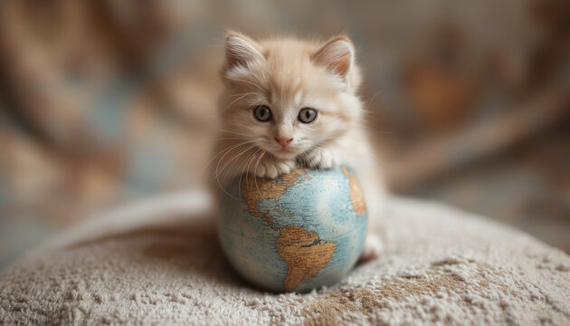 World Cat Day. A little kitten hugs a globe, planet earth