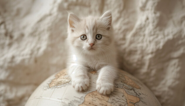 World Cat Day. A little kitten hugs a globe, planet earth - Powered by Adobe