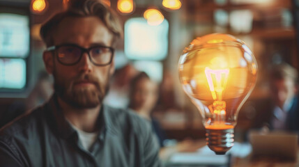 Young entrepreneur pitching an innovative idea to venture capitalist, light bulb foreground. Generative AI.