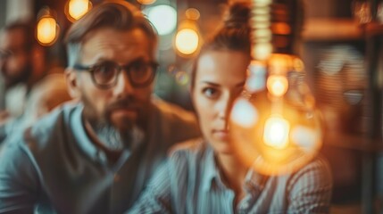 Fototapeta premium Young entrepreneur pitching an innovative idea to venture capitalist, light bulb foreground. Generative AI.