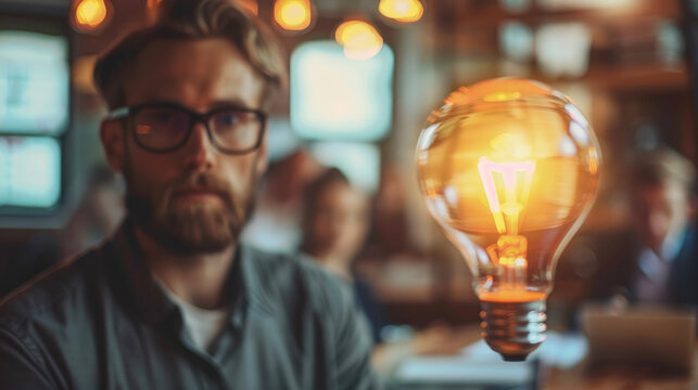 Young entrepreneur pitching an innovative idea to venture capitalist, light bulb foreground. Generative AI.