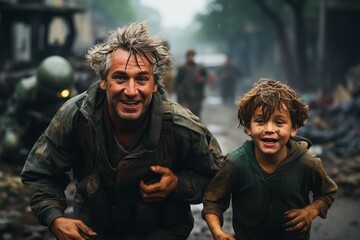 Military personnel firing weapons in urban area as small child runs away in fear