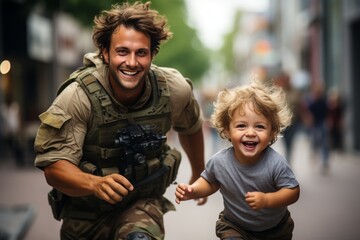 Fototapeta premium Military personnel shooting firearms in urban area as small child desperately flees in fear