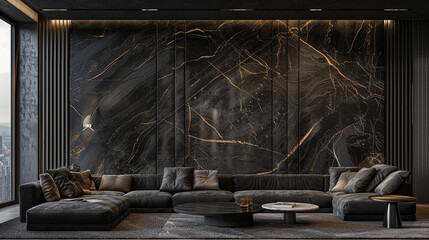 A modern living room with grey furniture, a large TV, a black marble wall, and potted plants, creating a stylish and sophisticated environment.