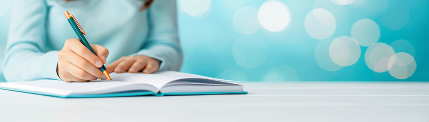 A person writes in a notebook with a blue background.
