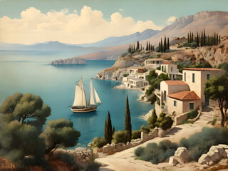 Fototapeta premium Vintage Greece Landscape Watercolor Illustration Art