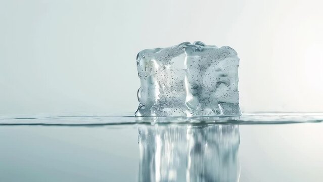 Melting ice cube on reflective surface, isolated white background