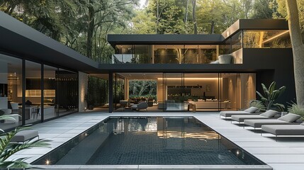 Minimalist black villa with pool, in the middle of nature with a courtyard, modern architecture,...