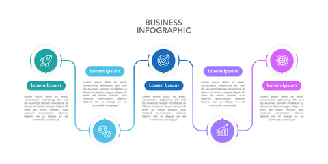 Business infographic template timeline with five element for presentation. Workflow, marketing, planning, timeline and annual report. Vector illustration.