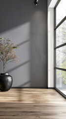 Minimalist interiors designer composition with zen touches, window natural lighting and minimal furniture. Serene interiors design for realty advertising.