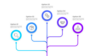Business infographic with five options for making business decisions. Work processes, marketing, planning, timelines, and annual reports. Vector illustration.