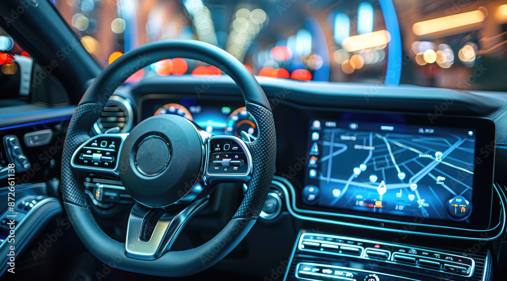 Poster Close-up view of modern car dashboard and steering wheel. Electronic vehicle monitoring and control system with a full range of navigation, security systems and computer diagnostics. Generative AI.