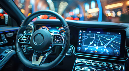 Close-up view of modern car dashboard and steering wheel. Electronic vehicle monitoring and control system with a full range of navigation, security systems and computer diagnostics. Generative AI.