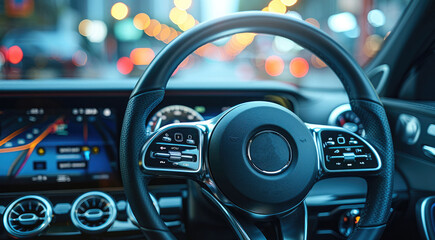 Close-up view of modern car dashboard and steering wheel. Electronic vehicle monitoring and control system with a full range of navigation, security systems and computer diagnostics. Generative AI.