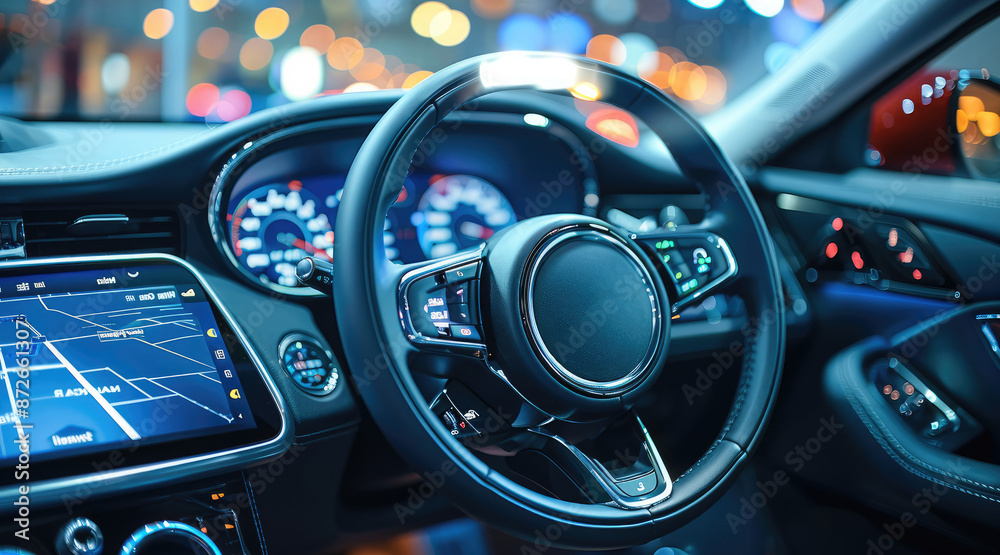 Poster Close-up view of modern car dashboard and steering wheel. Electronic vehicle monitoring and control system with a full range of navigation, security systems and computer diagnostics. Generative AI.