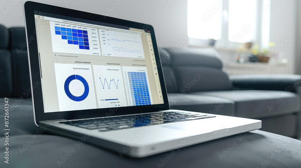 Poster laptop with dashboard on the screen, sitting in front of grey couch, background is white and bright 