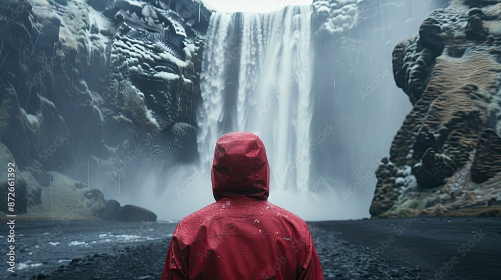 Wall mural A woman in a red sweater and red hat stands looking at the foggy 