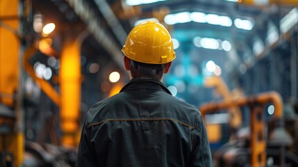 A man in a yellow helmet stands in a factory. Generate AI