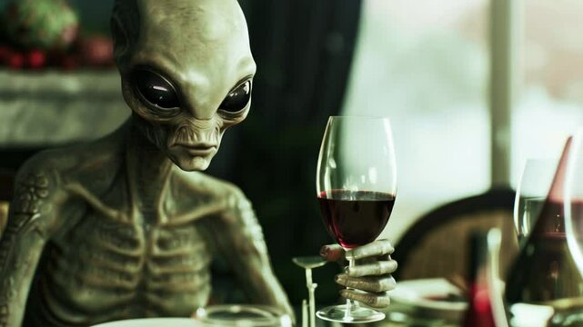 Alien Enjoying a Glass of Red Wine with Ai generated.
