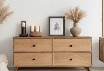 A wooden chest of drawers in a modern interior stands against a white wall. Home decor paraphernalia candles stand on a chest of drawers in the living room. Color of 2025 year - Mocha Mousse.	