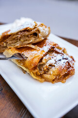 apple and cream pie, Savica restaurant, Julian alps. Slovenia, Central Europe,