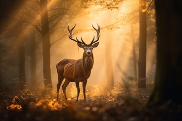 Majestic stag in sunlit autumn forest