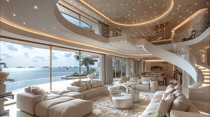 Ceiling starry ceiling, overall light luxury, large living room with sofa and chandelier, future style gorgeous, white and beige, spiral stairs, large glass with outside the window is sea view.