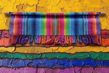Colorful woven textile on a rustic yellow wall highlighting traditional craftsmanship and vibrant cultural heritage high resolution photography