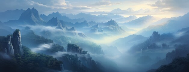 A breathtaking view of misty mountains with layers of fog rolling over the lush green hills and peaks in the background.