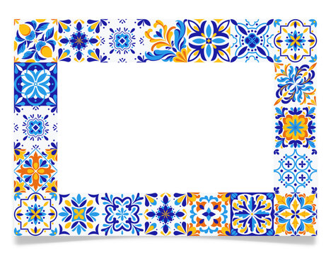 Frame with blue tiles, mediterranean style, vector