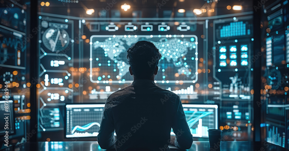 Leinwandbilder man in internet office, future technology, 5g technology, technology-based mobile interface, informa