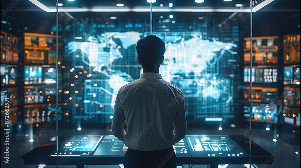 Leinwandbilder man in internet office, future technology, 5g technology, technology-based mobile interface, informa