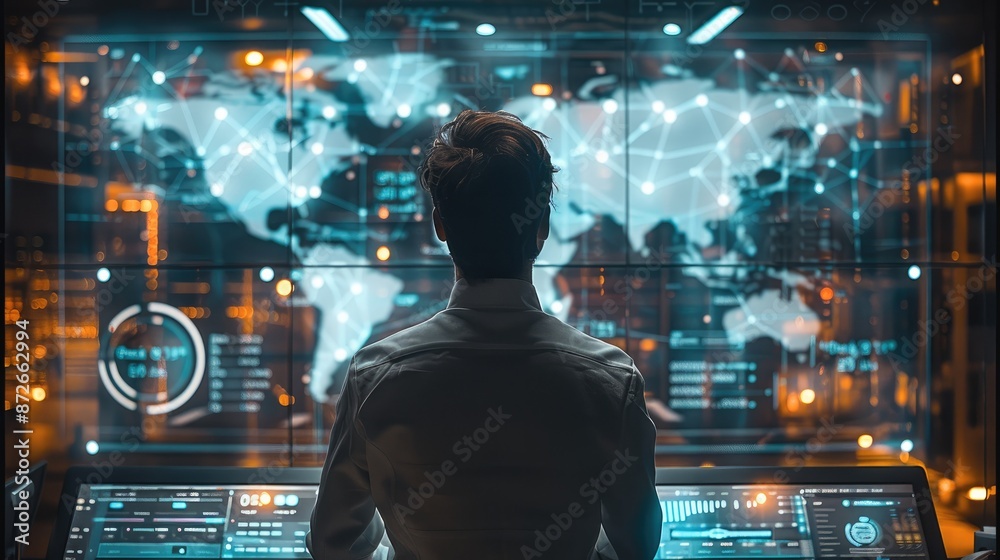 Poster Man in Internet office, Future technology, 5G technology, technology-based mobile interface, information technology, data chart. Generative AI.
