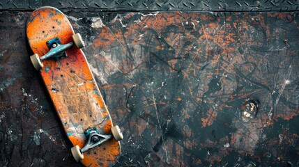 Aged skateboard resting on a gritty concrete table, evoking a sense of nostalgia and readiness to ride, raw and vivid