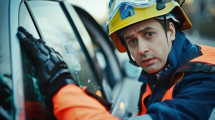 Paramedic in a safety helmet, rescuing a victim from a car crash