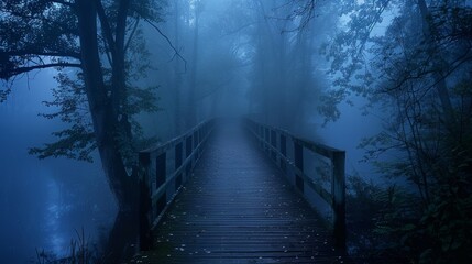 In the heart of a fog-shrouded forest, a solitary wooden bridge emerges, trees lining both banks, silhouettes barely discernible against the misty night