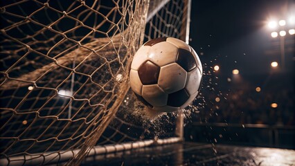 Dramatic capture of a soccer ball hitting the net during a night game, under bright stadium lights, showcasing action and excitement.