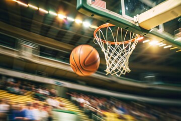Dynamic shot of a basketball going through the hoop during an intense game in a full stadium with excited fans.
