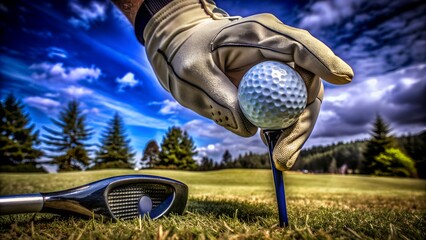Golfer placing ball on tee with club lying nearby on a sunny day at a scenic golf course with trees and blue skies in the background.