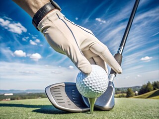Golfer placing golf ball on tee with golf club on a sunny course, ready for a perfect swing under clear blue skies.