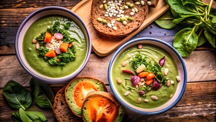 Healthy green vegetable soup with toppings, served with avocado toast. Fresh ingredients on rustic wooden background.