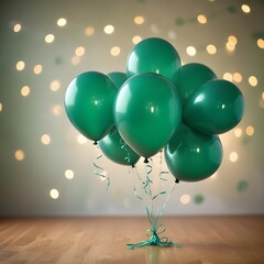 Green party balloons with bokeh lights background for birthday, wedding, anniversary, holiday or celebration