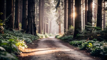 Fototapeta premium Peaceful forest pathway bathed in sunlight, surrounded by towering trees and dense greenery. A serene and tranquil nature scene.