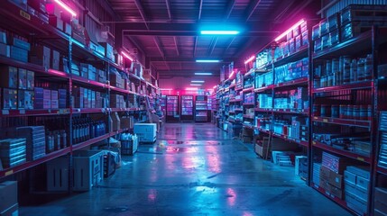 Vibrant Neon-Lit Warehouse Aisle - Generative AI