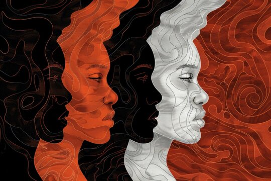 Double exposure of women’s profiles with contrasting black and white tones highlighting duality and balance modern digital art
