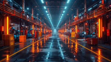 Fototapeta premium High-Tech Industrial Warehouse Interior with Robotic Equipment - Generative AI