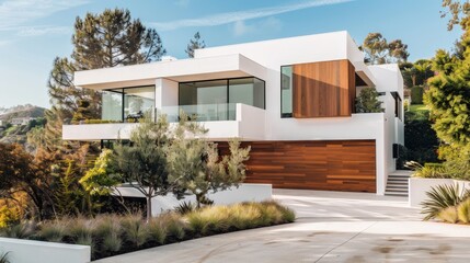 A large white house with a large driveway and a black garage. Generate AI