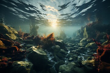 Offshore wind turbines near the sea in a wind farm  renewable energy generation at sea