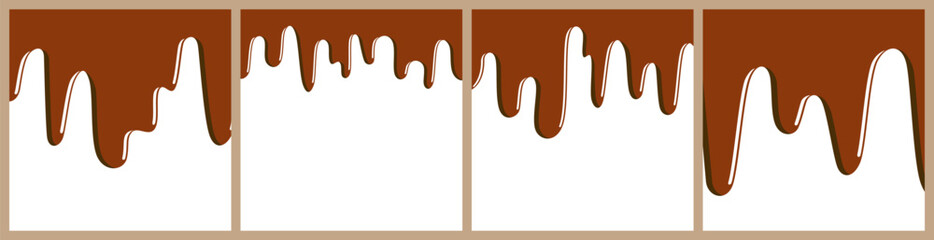 Set of melted brown chocolate dripping on white background