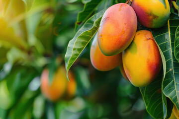 Fresh ripe mangoes on a tree